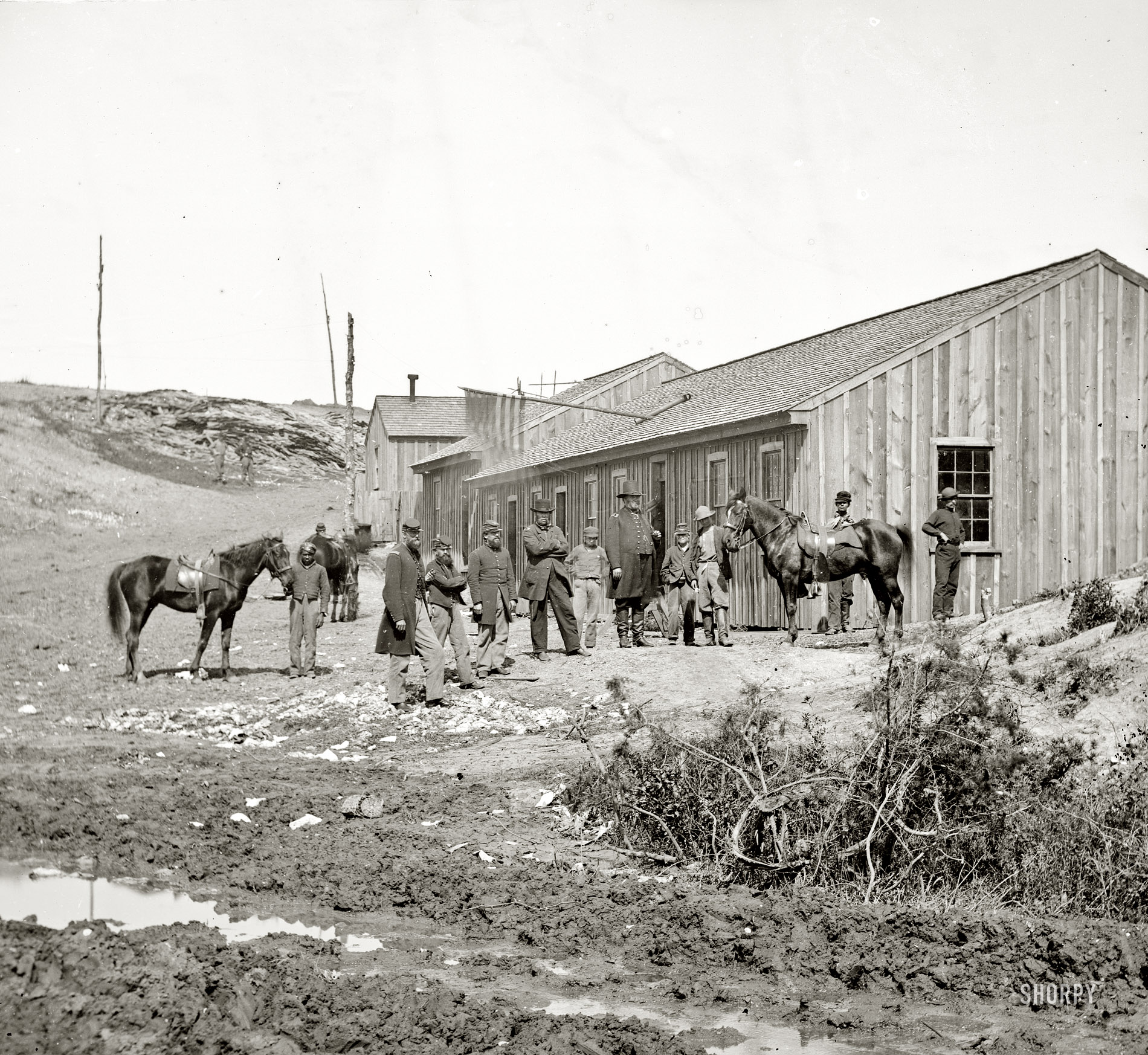 Yorktown, Virginia (vicinity), circa 1865. "Federal troops at Confederate winter quarters near Yorktown." View full size.