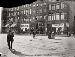 New York, 1909. "Political museums, Union Square." Two dueling exhibits, one mounted by the Committee of 100 against the Tammany Hall political machine, and the other a counter-exhibit staged by Tammany partisans. The particulars here are enough to make your eyes glaze over, although I was happy to see that someone fixed a misplaced apostrophe in the banner on the right. 8x10 glass negative, George Grantham Bain Collection. View full size.