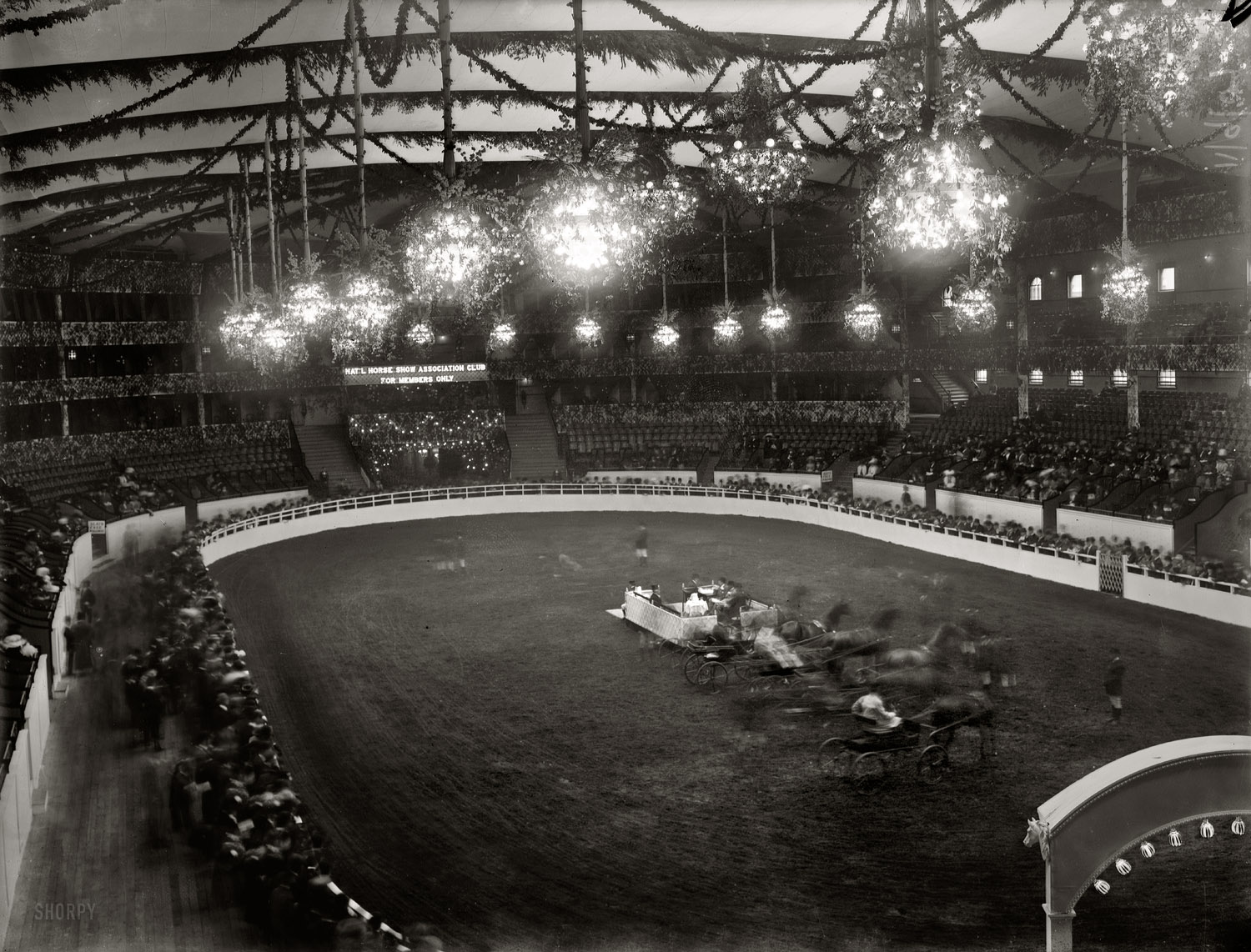 November 1909. The 25th annual National Horse Show at Madison Square Garden in New York, in one of those ultra-detailed yet otherworldly views so characteristic of large-format glass negatives (8x10 inches here). View full size.