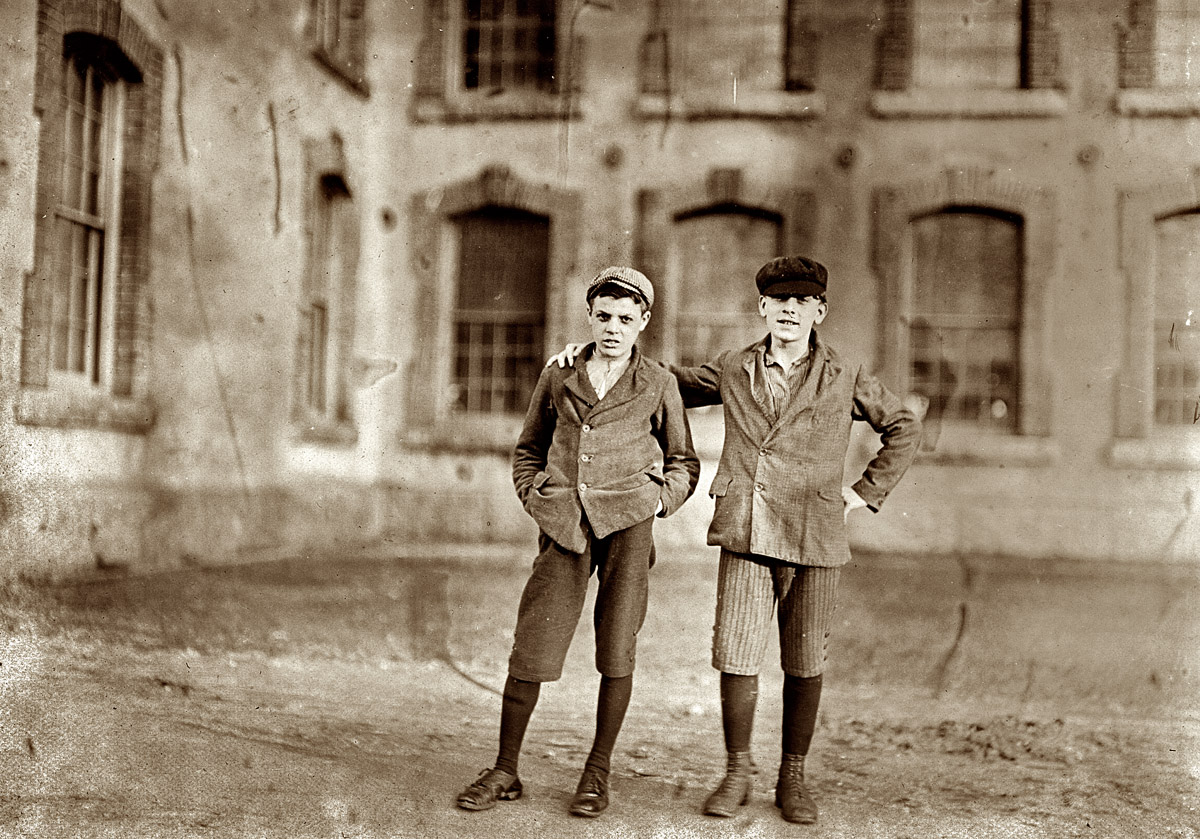6 p.m., April 16, 1909. Anthony, Rhode Island. "Two boys working in Coventry Company Mill. I saw about 10 boys and girls who looked to be under 14 years of age." View full size. Photo and caption by Lewis Wickes Hine.