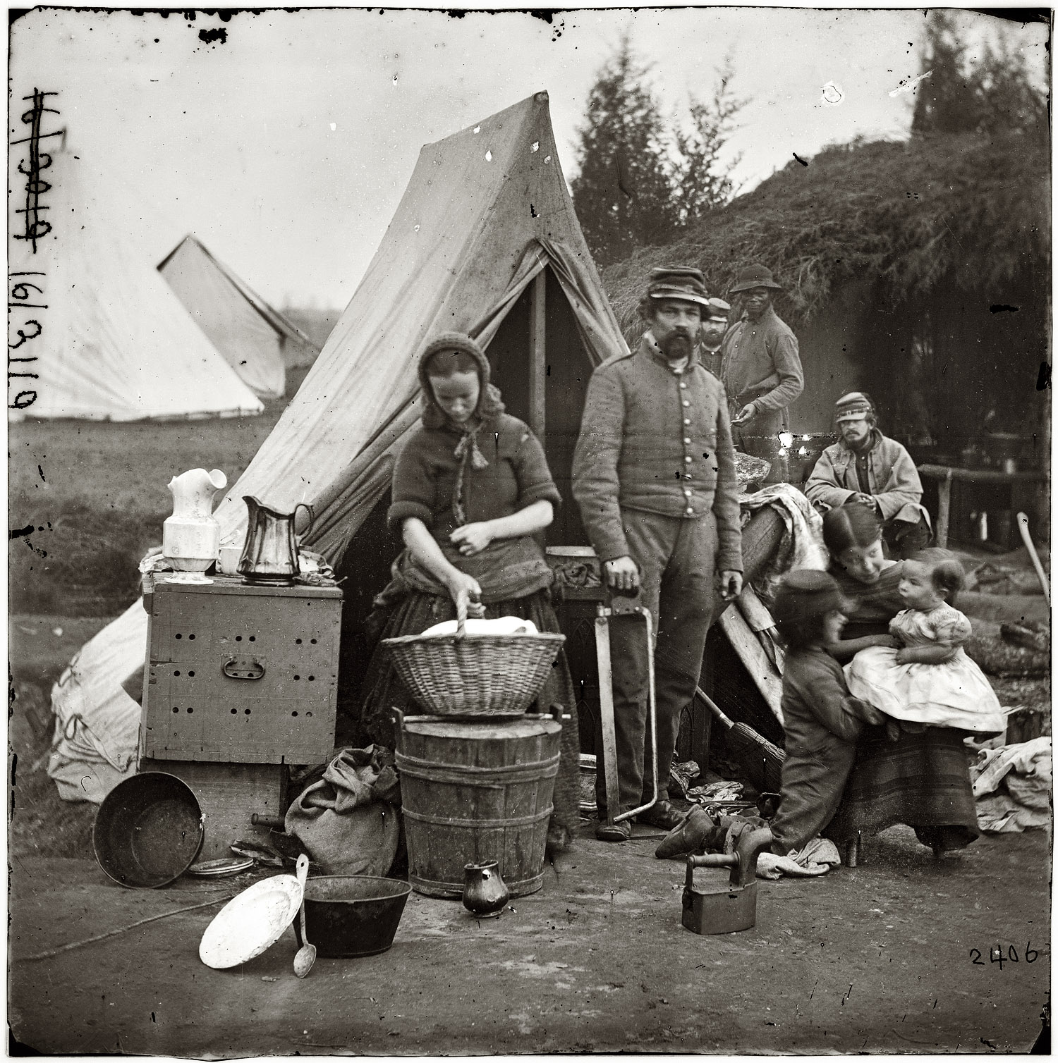 1861. "Washington, District of Columbia. Tent life of the 31st (later, 82nd) Pennsylvania Infantry at Queen's Farm, vicinity of Fort Slocum." View full size. Wet-plate glass negative, left half of stereo pair, photographer unknown.