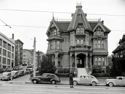 San Francisco 1940. "Silas Palmer House, NW corner Van Ness and Washington. Essentially stick in style, with features of the Villa and Shingle eras, as well as tall Mansard roof on tower. Squared bays are typical of 1880s. Some pseudo-Moorish details on entrance porch. Cast iron cresting on roof. Built circa 1886. Destroyed after 1940" (from HABS notes dated 1961). Large format negative for the Historic American Buildings Survey, photographer unknown. View full size.