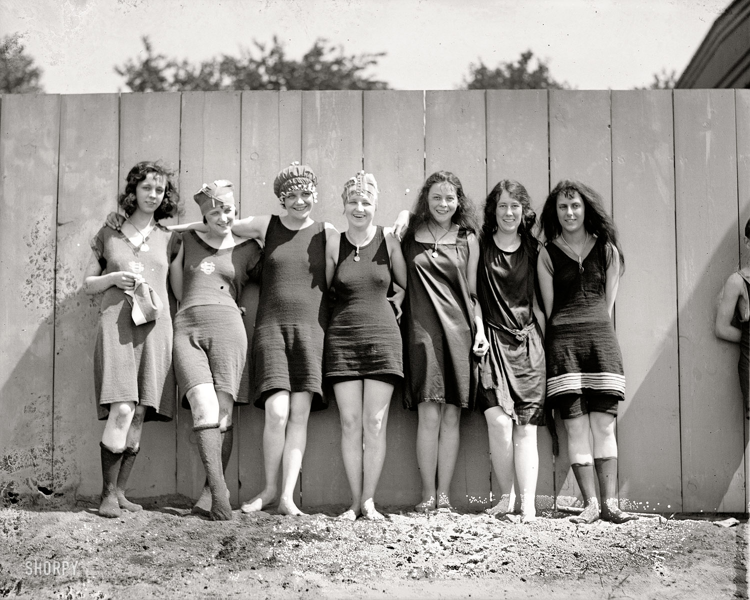 "Bathing beach, 1920." Seven lovelies at the Potomac bathing beach near the Tidal Basin. National Photo Company Collection glass negative. View full size.