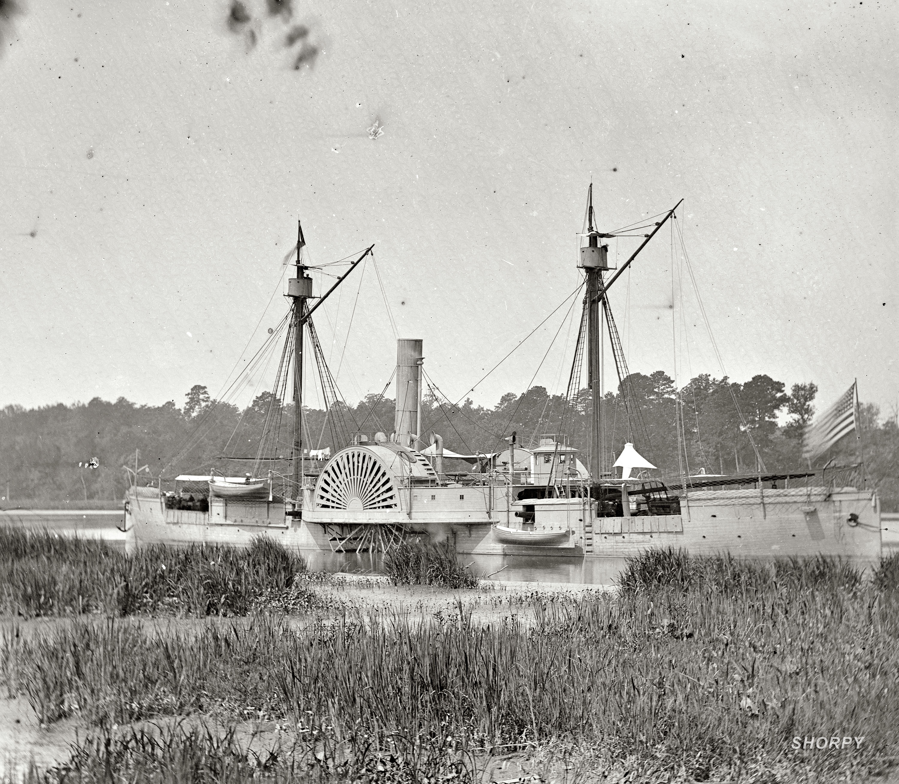 1864 or 1865. "Deep Bottom, Virginia. Federal gunboat Mendota on the James River. Put in service May 2, 1864." From photographs of the Federal Navy and seaborne expeditions against the Atlantic Coast of the Confederacy. Wet plate glass negative, photographer unknown. View full size.
