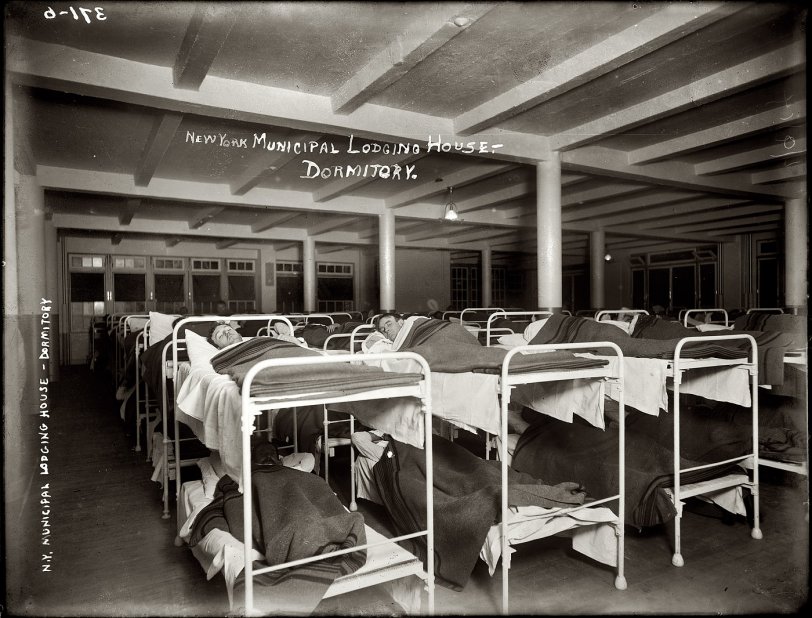 January 9, 1914. Men's dormitory at the New York Municipal Lodging House. View full size. 8x10 glass negative, George Grantham Bain Collection.