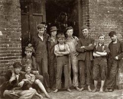 August 1910. Every one of these was working in the cotton mill at North Pownal, Vermont, and they were running a small force. Dave Noel, 14; Theodore Momeady, 15, working three years. Albert Sylvester, 16, working one year; Eugene Willett, 13, working one year; Arthur Noel, 15, working one year; P. Tetro, 15, working one year; T. King, 14, working one year. Clarence Noel, 11, working one year. View full size. Photo and caption by Lewis Wickes Hine.