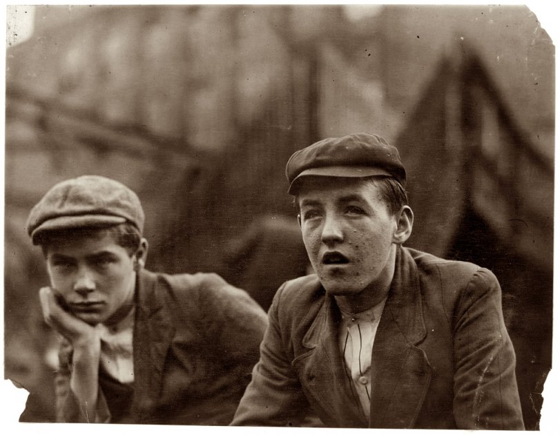 Bleach room boys, Pacific Mills. Lawrence, Massachusetts. December 1910. Photograph by Lewis Wickes Hine. View full size.
