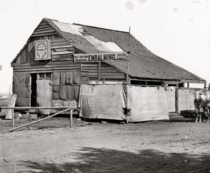 Circa 1864. "Dr. Bunnell's embalming establishment in the field. Army of the James." Wet-plate glass negative, half of stereograph pair. View full size.
