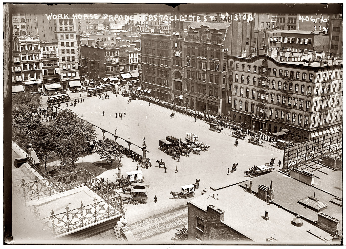 Work Horse Parade obstacle course on Union Square, New York City. June 13, 1908. View full size. 5x7 glass negative, George Grantham Bain Collection.