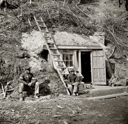 November 1864. "Dutch Gap, Virginia. Bomb-proof quarters of Major Strong." Wet plate glass negative from photographs of the main Eastern theater of war, the Army of the James, June 1864-April 1865. View full size.