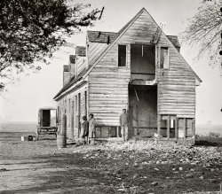 November 1864. "Dutch Gap, Virginia. Picket station of Colored troops, deserted farmhouse near Dutch Gap canal." Wet plate glass negative. View full size.