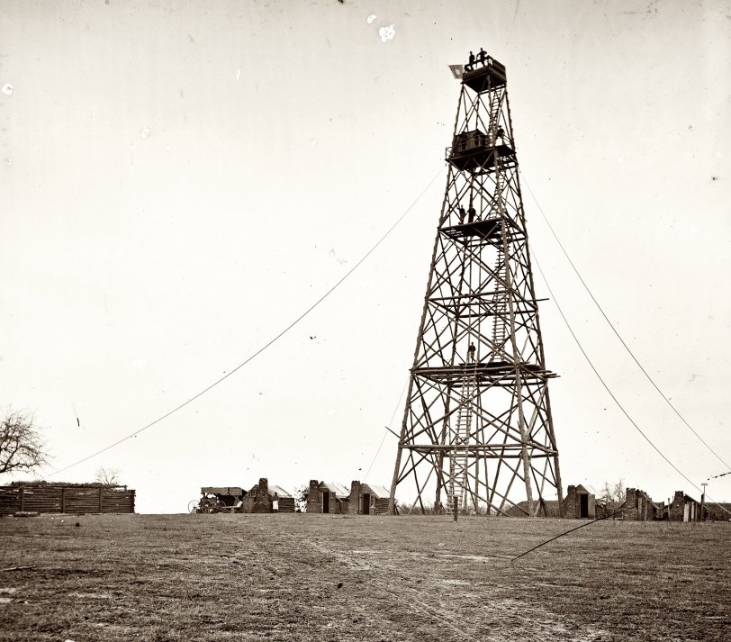 Butler's signal tower at Bermuda Hundred, Virginia, circa 1865. Wet-plate glass negative, left half of stereograph. Photograph from the main Eastern theater of war, the Army of the James, June 1864-April 1865. View full size.