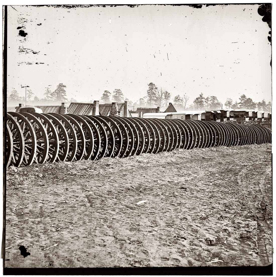 Park of Army wagon wheels at City Point, Virginia, in 1865. View full size. Wet collodion glass plate stereograph; photographer unknown.