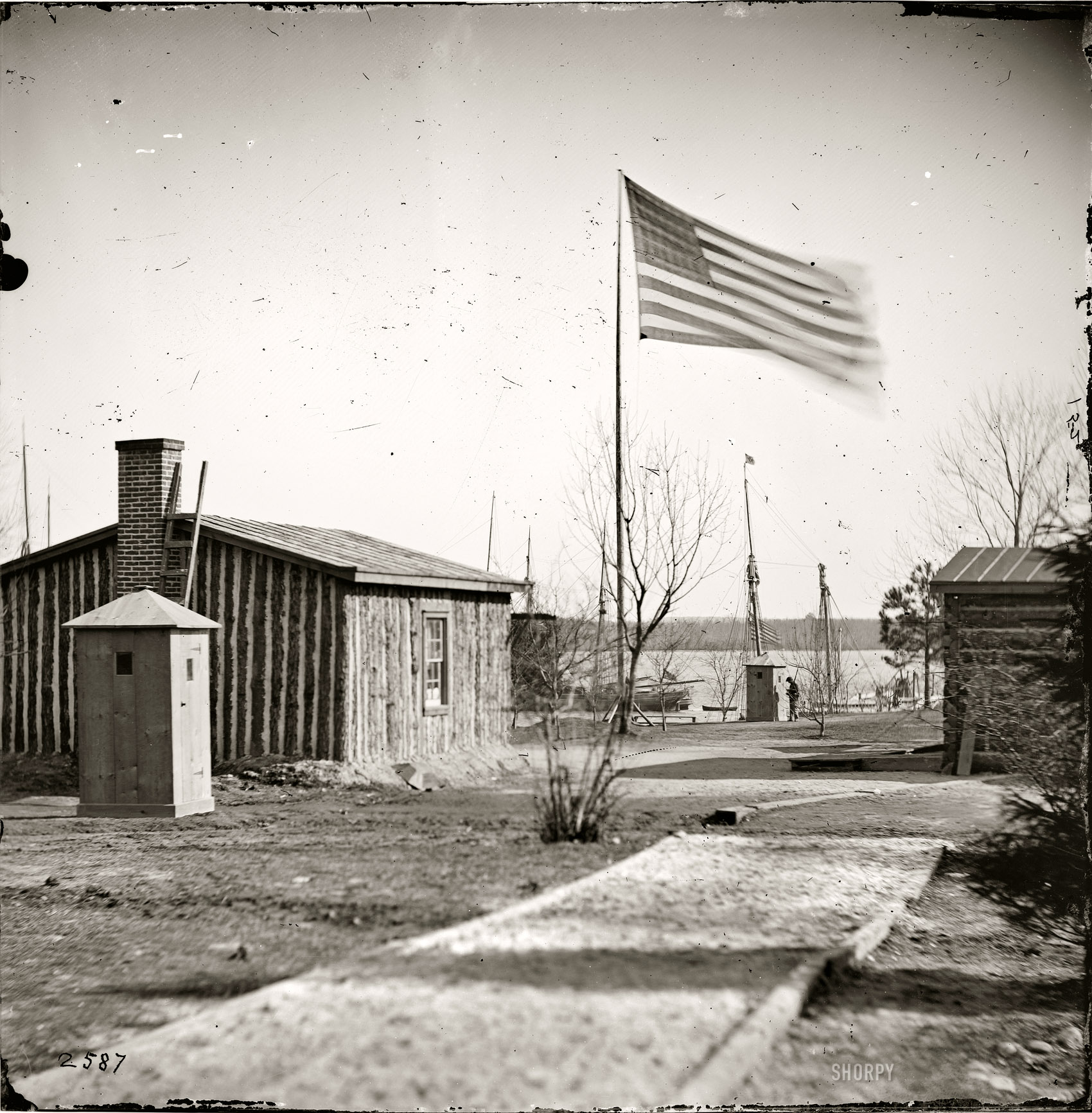 City Point, Virginia, circa 1865. "Rear view of General Grant's headquarters." Photos from the main Eastern theater of war, the siege of Petersburg, June 1864- April 1865. Wet plate glass negative, photographer unknown. View full size.