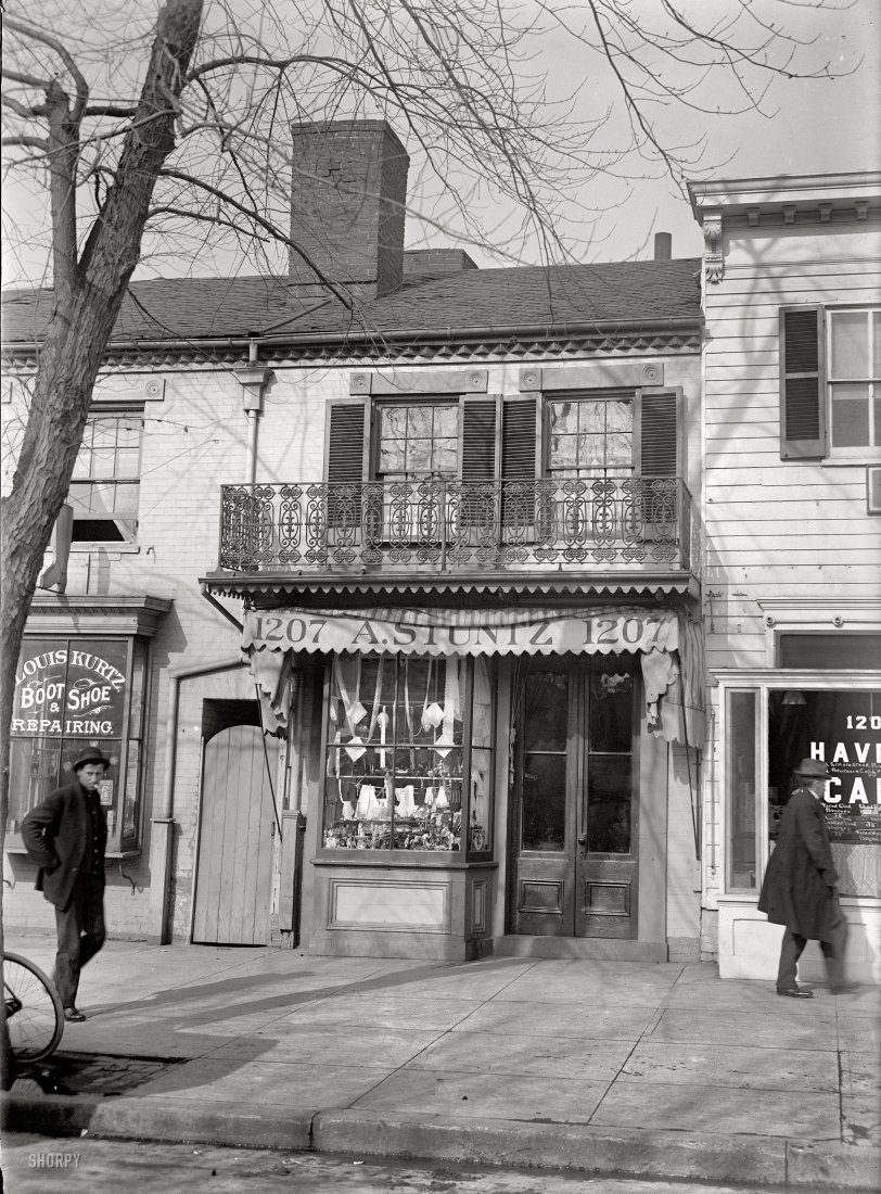 Washington, D.C., 1913. "Lincoln, Abraham. A. Stuntz." Apolonia Stuntz's "Fancy Store" at 1207 New York Avenue N.W., where Abraham Lincoln is said to have bought toys for his son Tad. A 1919 Washington Post article makes mention of the building's demise sometime the year before; much later, another article describes it as having been razed in 1933 to make room for a parking lot. View full size.
