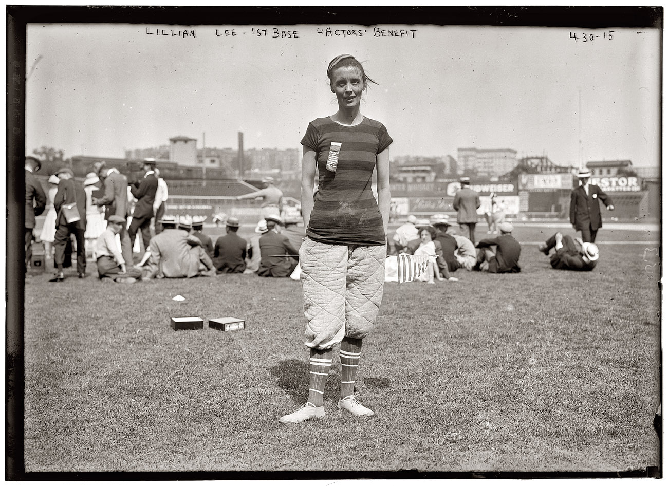 July 17, 1908. Actors field day benefit for the New York Home for Destitute Crippled Children. Lillian Lee at the Polo Grounds "as first base." View full size. 5x7 glass negative, George Grantham Bain Collection.