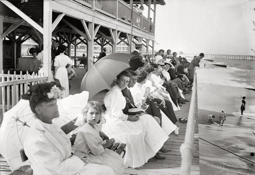 New Jersey circa 1910. "At Casino, Belmar, Sunday." There was some controversy over whether the beaches at the Jersey Shore resorts should be open on Sunday. 5x7 glass negative, George Grantham Bain Collection. View full size.
