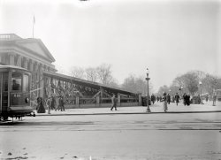 Preparations for the inauguration of Woodrow Wilson in 1913. "Inaugural stands. Court of Honor before White House." Building at the left is the Treasury at 15th Street and Pennsylvania Avenue. Harris & Ewing. View full size.