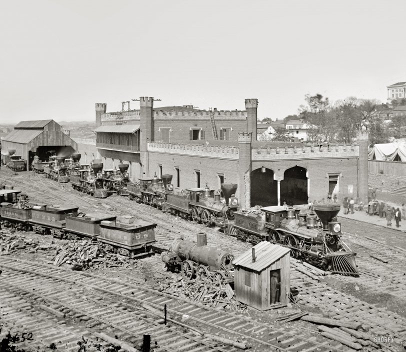 1864. "Nashville, Tennessee. Rail yard and depot with locomotives." Wet-plate glass negative by George N. Barnard. View full size. Another view here.
