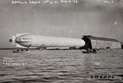 "Zeppelin airship seen from water at 6:05 AM." German zeppelin on the Bodensee. August 4, 1908. View full size. George Grantham Bain Collection.