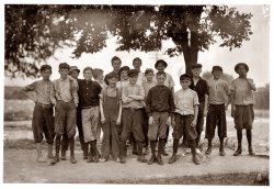 These boys work in the Chesapeake Knitting Mills, Berkley, Virginia, and live in South Norfolk (youngest refused to give names): Otto, Lowe, 78 Seaboard Ave., Finishing Room. D.M. Deschields, 25 Phillip St., Winding Room. Lonnie Womack, Hawthorn Ave., Winding Room. Jack Harrell, 66 Perry St., Finishing. Waverley Roseberry, 250 St. James, Winding Room. Charlie McHorney, 4 Poindexter St., Winding Room. June 1911. Photo by Lewis Wickes Hine. View full size.