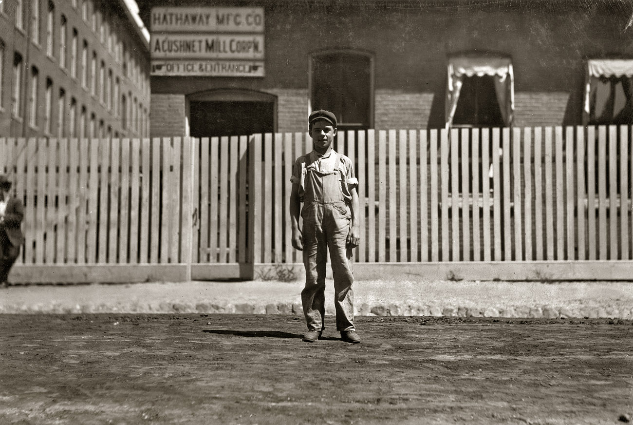 August 1911. New Bedford, Mass. "Lewis Grace, 68 Acushnet Avenue. Probably 14. Works in drawing-in room." Photo by Lewis Wickes Hine. View full size.