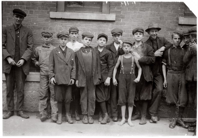 August 1911. "Arthur Chalifoux (4th boy from left), 3 Rand St. North Adams, Massachusetts. Works in Eclipse Mills." Photograph by Lewis Wickes Hine. View full size.
