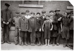 August 1911. "Arthur Chalifoux (4th boy from left), 3 Rand St. North Adams, Massachusetts. Works in Eclipse Mills." Photograph by Lewis Wickes Hine. View full size.