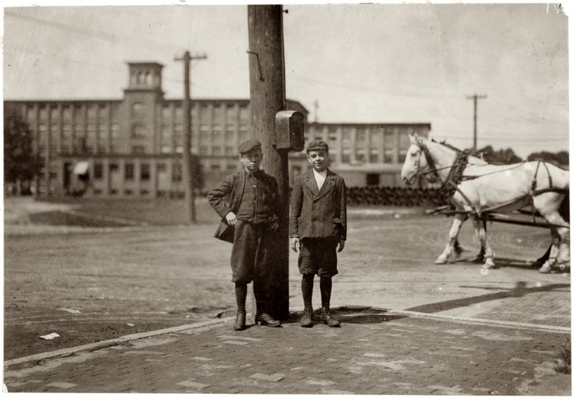 September 1911. Indian Orchard, Massachusetts. "Alfred Gengreau, 20 Beaudry Street; Joseph Miner, 15 Water Street. Both work in Mr. Baker's room. Indian Orchard Mill." Photo by Lewis Wickes Hine. View full size.
