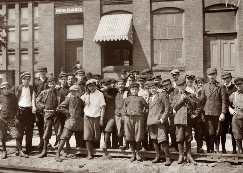 Young workers in front of Indian Orchard Mfg. Co. Indian Orchard, Massachusetts. September 1911. View full size.