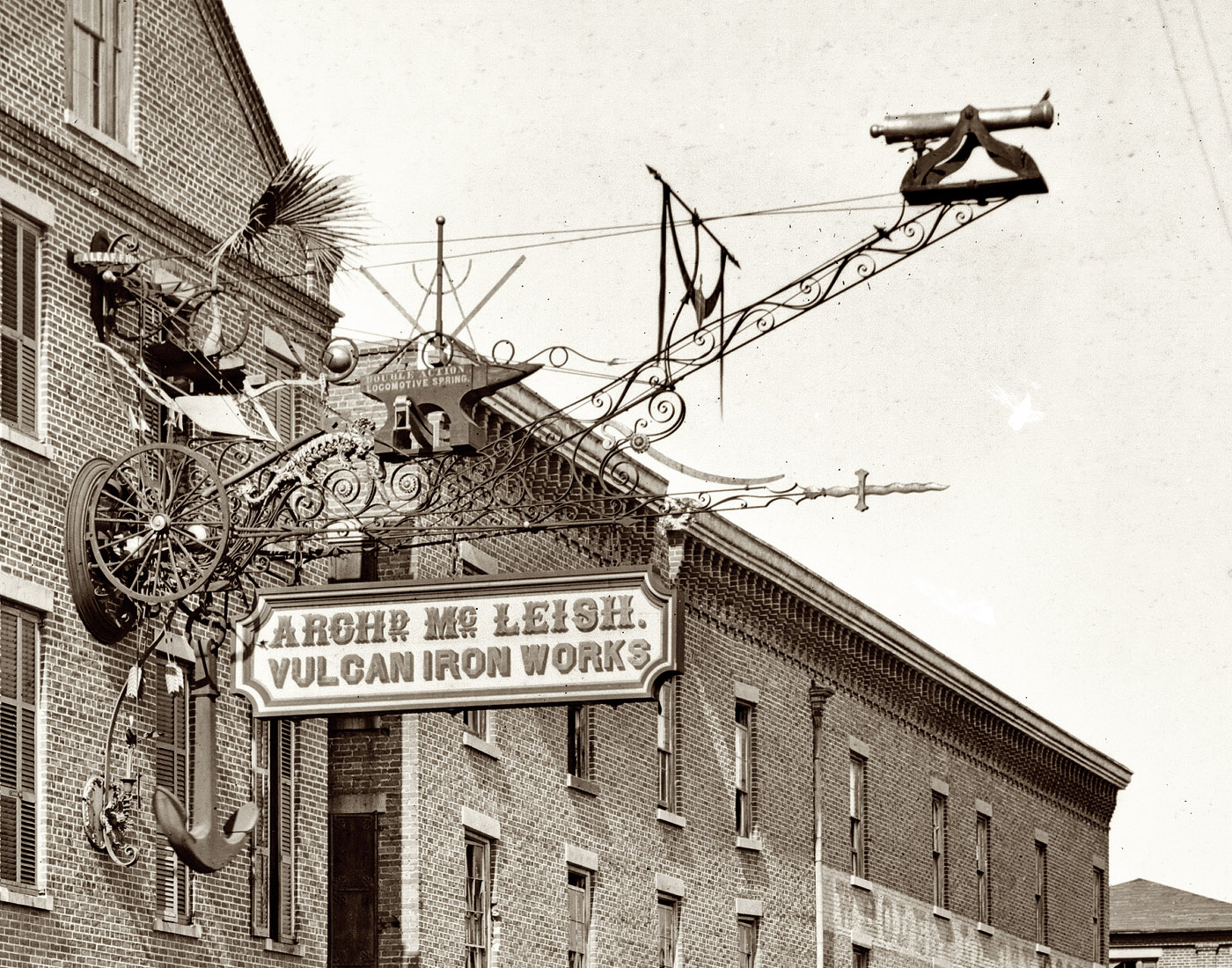 1865. A closeup of the Vulcan Ironworks sign on Cumberland Street in Charleston, South Carolina. View full size.