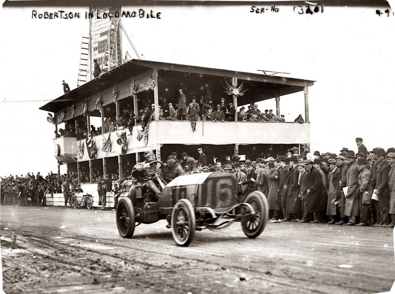 Vanderbilt Cup Auto Race, Robertson in Locomobile on track. October 24, 1908. View full size. George Grantham Bain Collection.