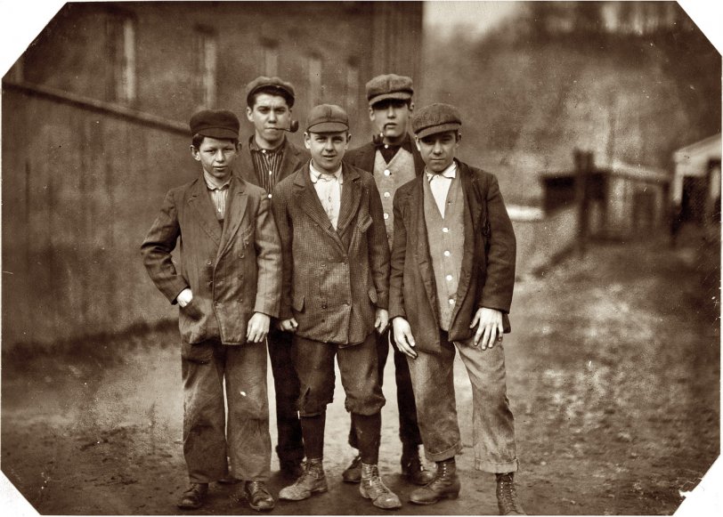Photo of: Stan and Warren: 1911 -- November 1911. Chicopee, Mass. Stanislaus Matthew, 30 Cabot Street (lefthand boy). Warren Butman, Nonotuck Street. Has worked in spinning room at Dwight Manufacturing since Monday. View full size. Photo by Lewis Wickes Hine.