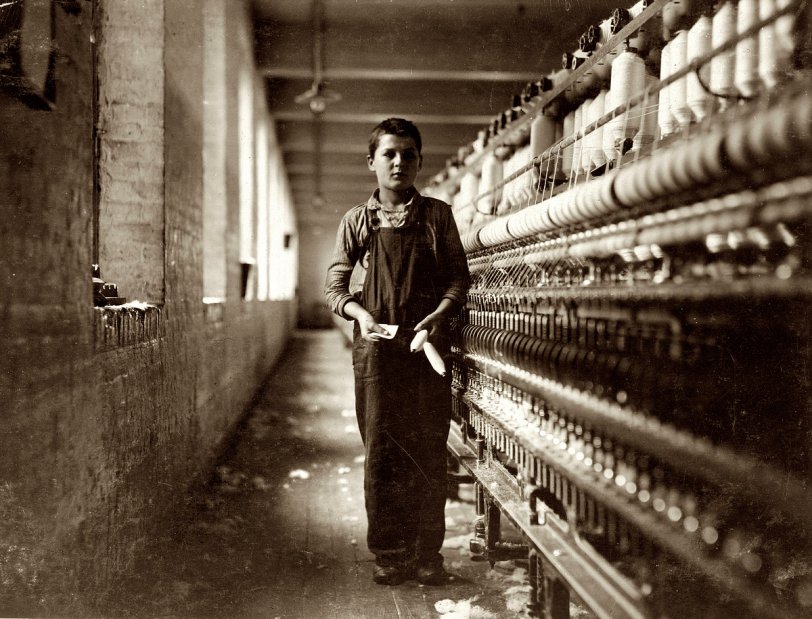 November 1911. Chicopee, Massachusetts. Tony Soccha [Scocca?], 65 Exchange Place. Bobbin boy in #7 Room at Dwight Manufacturing; been working there for a year. View full size. Photograph and caption by Lewis Wickes Hine.