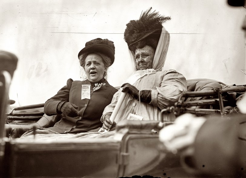 October 27, 1908. "Mrs. W.J. [William Jennings] Bryan and Mrs. Flaherty in carriage" in New York. View full size. George Grantham Bain Collection.
