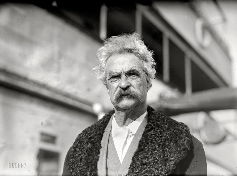 New York, December 20, 1909. "S.L. Clemens." Samuel Clemens, a.k.a. Mark Twain, aboard the Bermudian after a trip to Bermuda, four months before his death. 5x7 glass negative, George Grantham Bain Collection. View full size.
