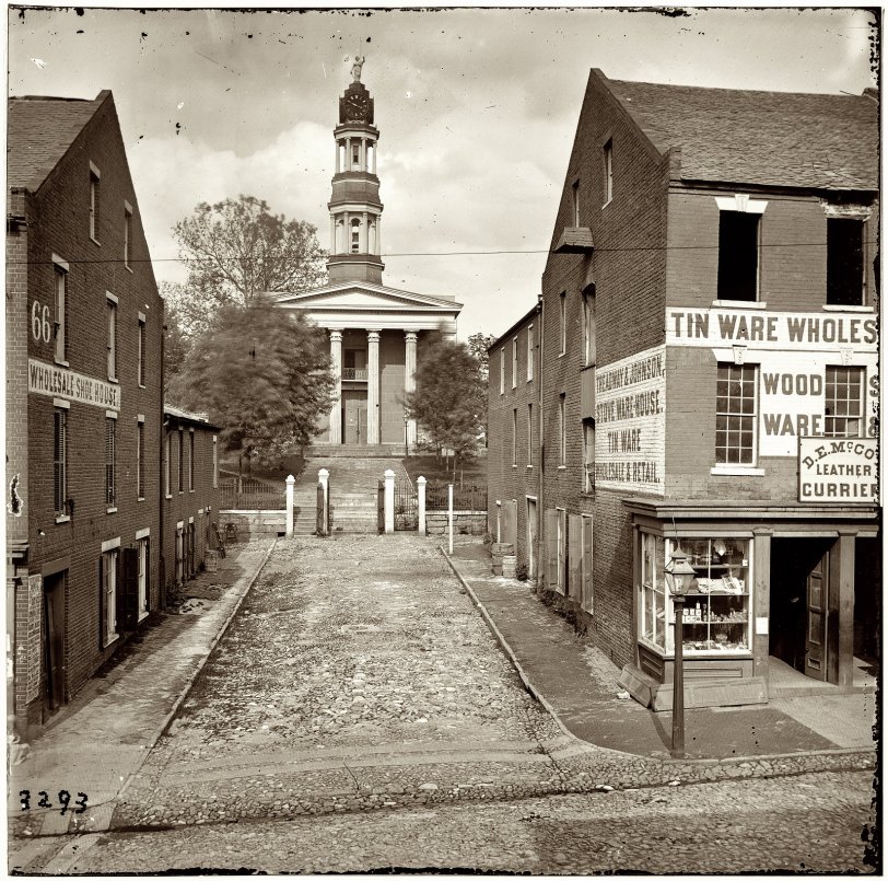 Photo of: Stove Warehouse: 1865 -- The Petersburg, Virginia, courthouse in 1865. From photographs of the main Eastern theater of war, the siege of Petersburg, June 1864-April 1865. Glass plate negative, right half of stereograph pair. Photographer unknown. View full size.