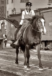 Closeup of the mounted flagman in the previous post. View full size.
Young&#039;un!!Looks like that kid has about 8 years before he tries a razor the first time!!
(G.G. Bain, Horses, Railroads)