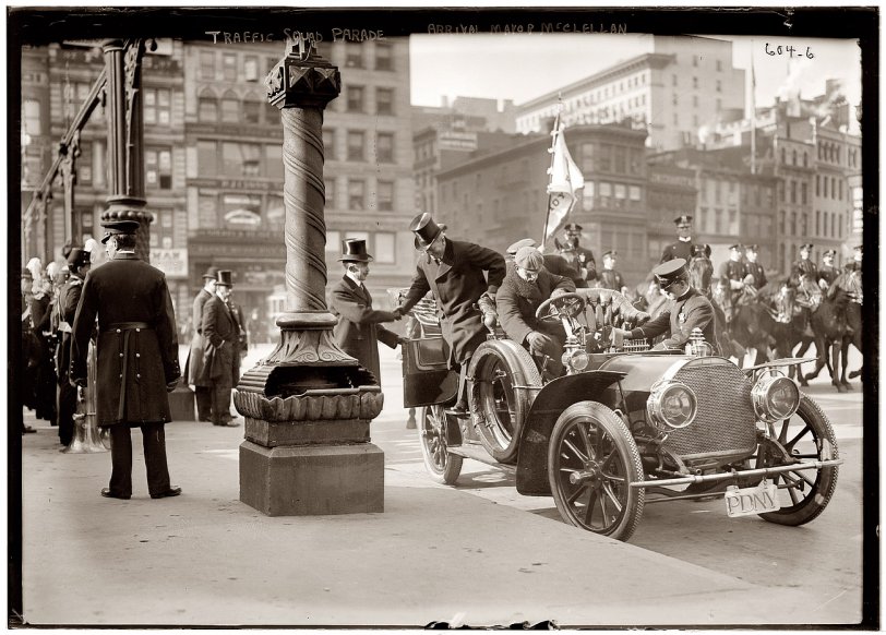 Traffic Squad Parade, November 5, 1908. Mayor George McClellan alighting from auto on the plaza at Union Square. View full size. 5x7 glass negative, George Grantham Bain Collection. "Max" McClellan, New York mayor from 1904 to 1909, was the son of Civil War general George B. McClellan.
