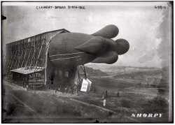 Clement-Bayard dirigible in shed in France circa 1908. View full size. George Grantham Bain Collection.