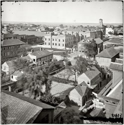 1865. "Charleston, South Carolina. View from roof of Orphan Asylum. The Citadel in middle distance." From photographs of the Federal Navy and seaborne expeditions against the Atlantic Coast of the Confederacy, 1863-1865. Wet plate glass negative, half of stereo pair, photographer unknown. View full size.