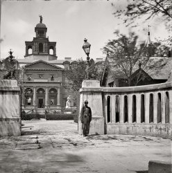 1865. "Charleston Orphan Asylum, 160 Calhoun Street, used as a hospital for wounded Federal soldiers." From photographs of the Federal Navy and seaborne expeditions against the Atlantic Coast of the Confederacy, 1863-1865." Wet-plate glass negative, half of stereograph pair, photographer unknown. View full size.