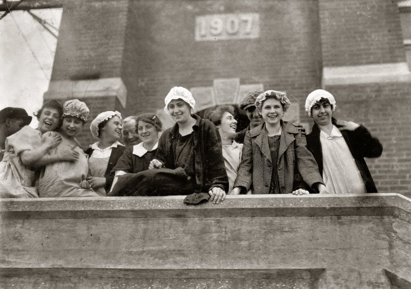 June 19, 1916. Fall River, Mass. "Kerr Thread Mill. All over 16. Having fun with camera man. Good conditions in this mill. Caps to protect hair from dust and keep hair from getting tangled in machinery. These girls worked in an operating room, not the cloth room." Photo and caption by Lewis Wickes Hine. View full size.
