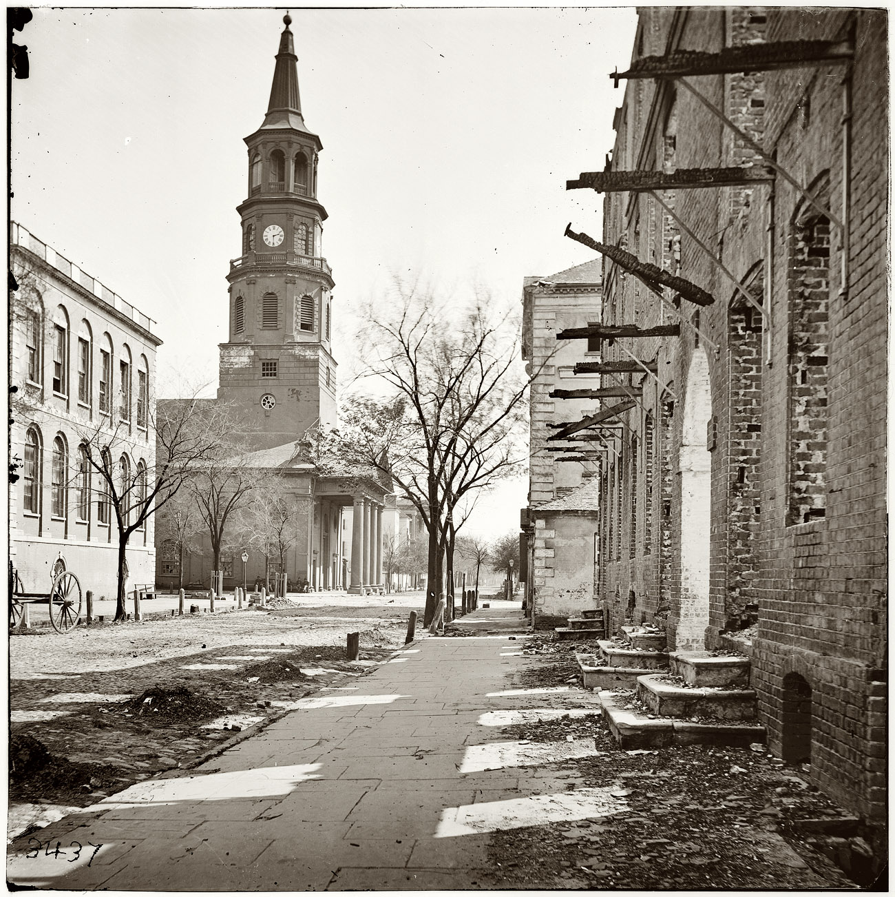St. Michael's Episcopal Church in Charleston, South Carolina, in 1865 following bombardment of the city during the Civil War. From photographs of the Federal Navy and seaborne expeditions against the Atlantic Coast of the Confederacy, 1863-1865. View full size. Left half of a glass-plate stereograph negative.