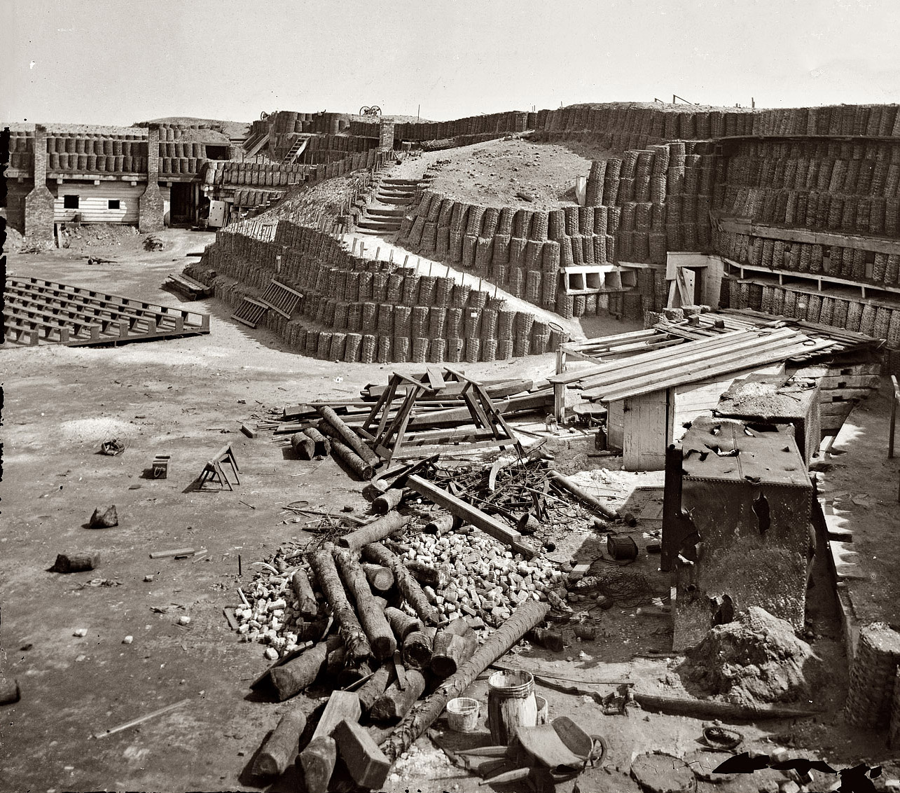 1865. "Charleston, South Carolina. Interior of Fort Sumter, with gabion reinforcements. Photograph of the Federal Navy, and seaborne expeditions against the Atlantic Coast of the Confederacy." View full size. Left half of a wet-collodion glass-plate stereograph. Now a Juniper Gallery fine-art print.