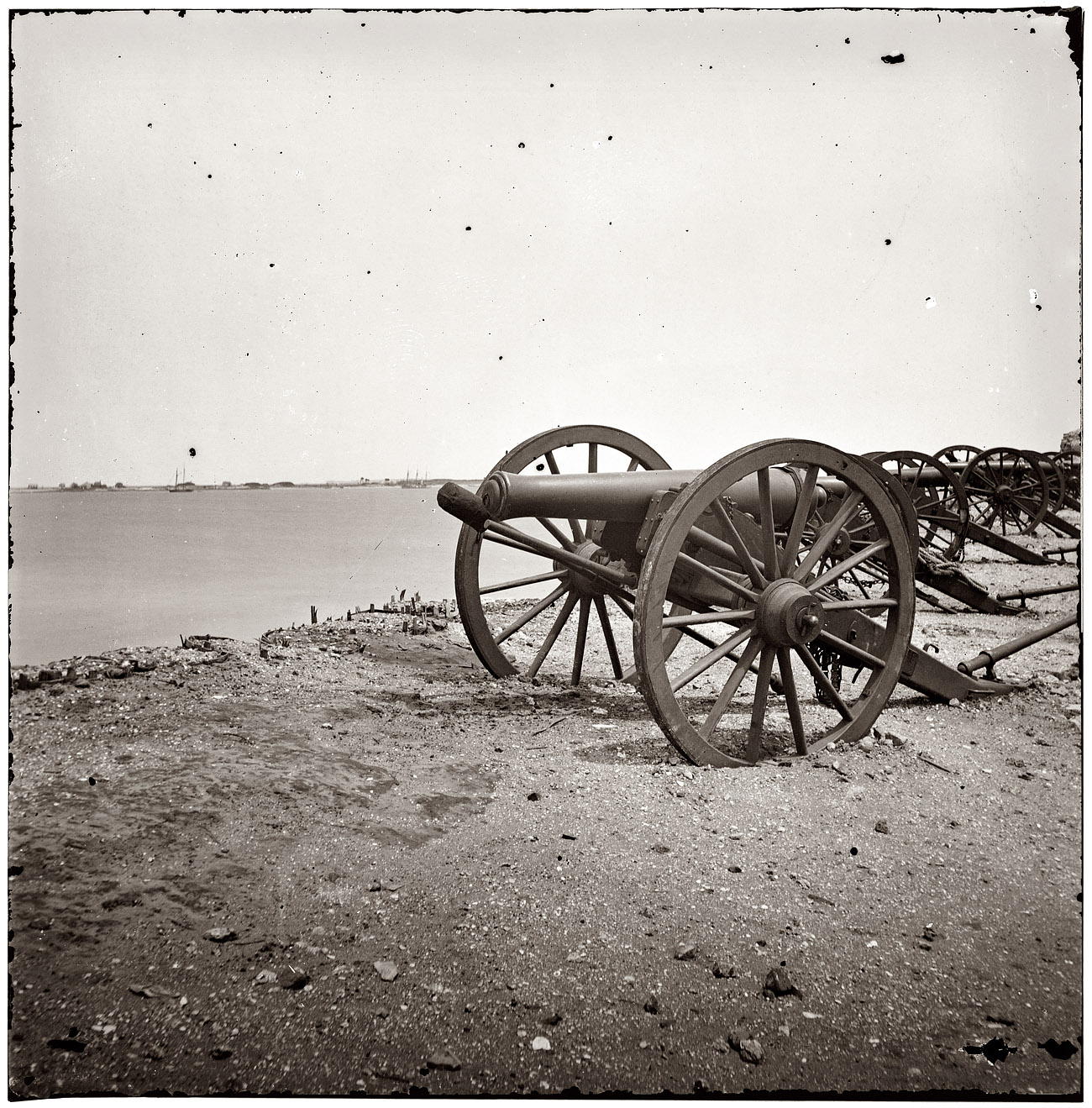 1865. Charleston Harbor, South Carolina. View from the parapet of Fort Sumter. View full size. Left half of a wet-collodion glass-plate stereograph.