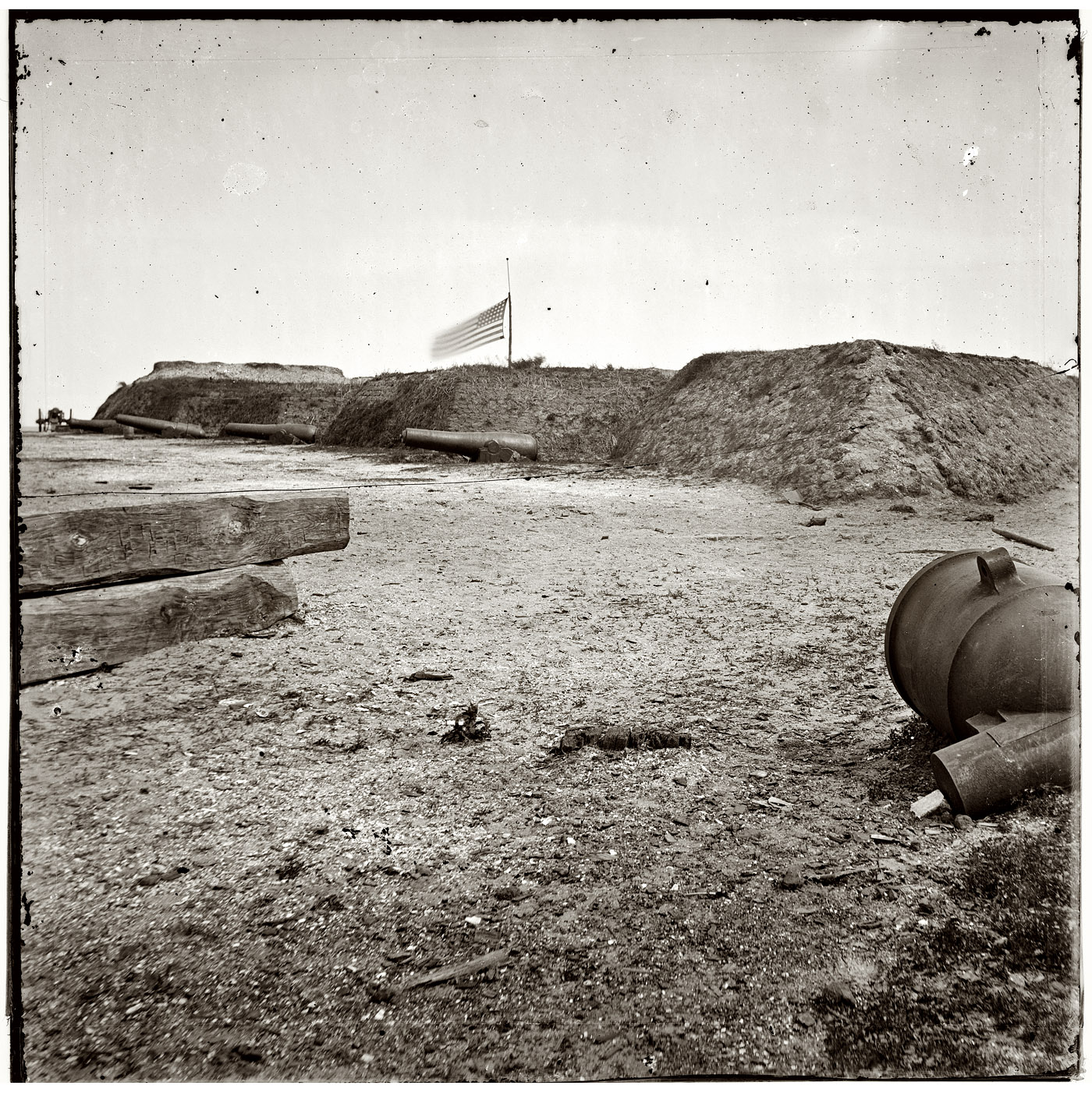 1865. Vicinity of Charleston, South Carolina. Interior view of Fort Johnson on Morris Island. View full size. Half of a wet-collodion glass-plate stereograph.