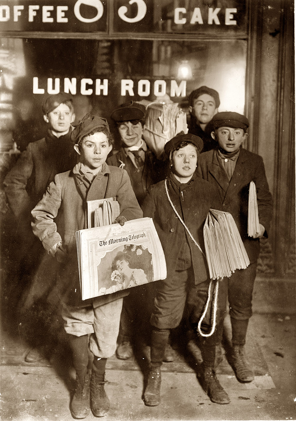 "3 a.m. Sunday, February 23, 1908. Newsboys selling on Brooklyn Bridge. Harry Ahrenpreiss, 30 Willet St. Said was 13 years old. Abe Gramus, 37 Division St. Witness Fred McMurray." View full size. Photo & caption: Lewis Wickes Hine.