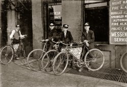 A. D. T. Messengers, August 1908. Location: Indianapolis, Indiana. (ADT, or  American District Telegraph, was the forerunner of today's home security company.) Photo by Lewis Wickes Hine. View full size.

