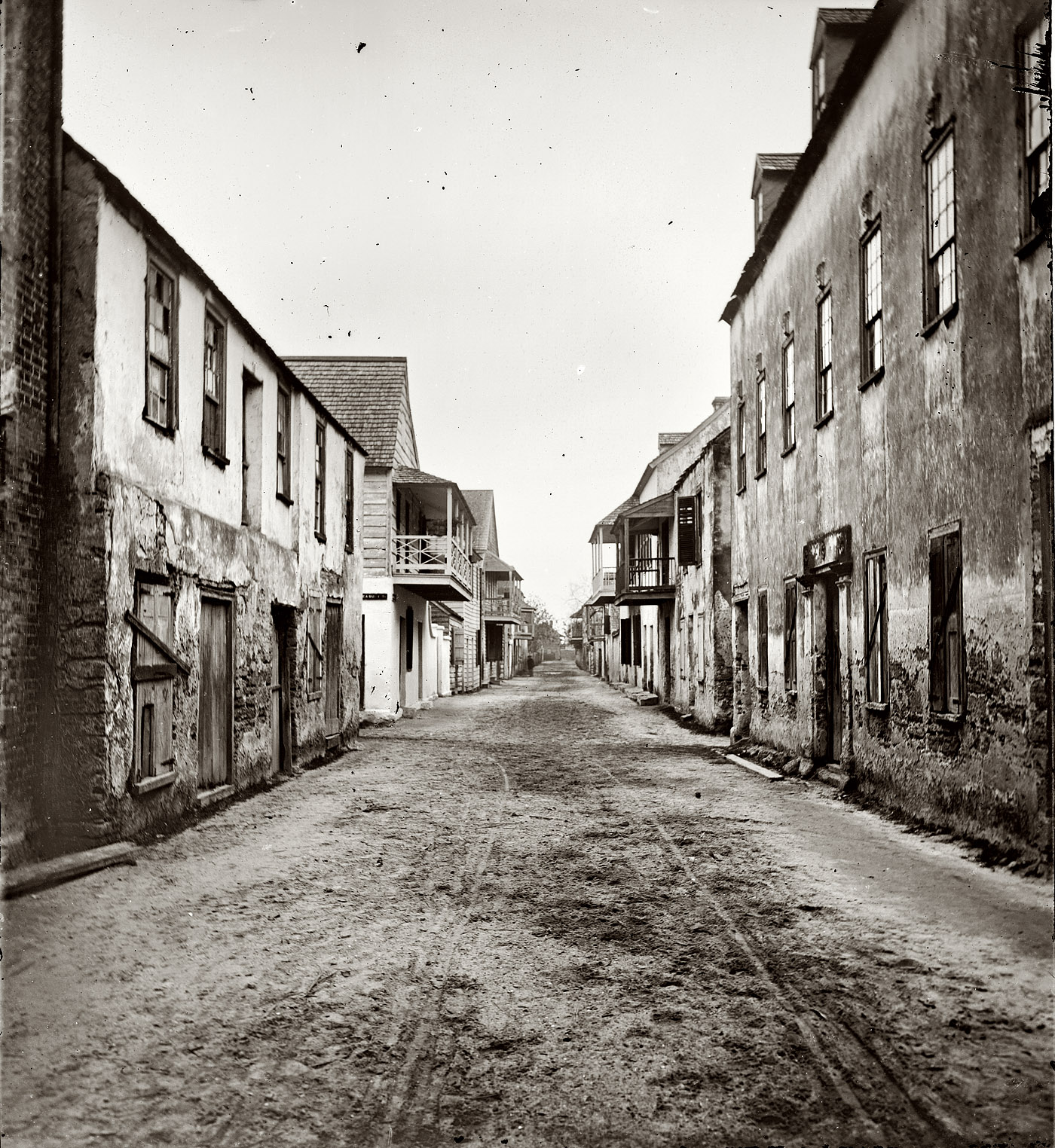 A street in St. Augustine, Florida, circa 1865. View full size. Left half of a wet-collodion glass-plate stereograph made by Samuel A. Cooley.